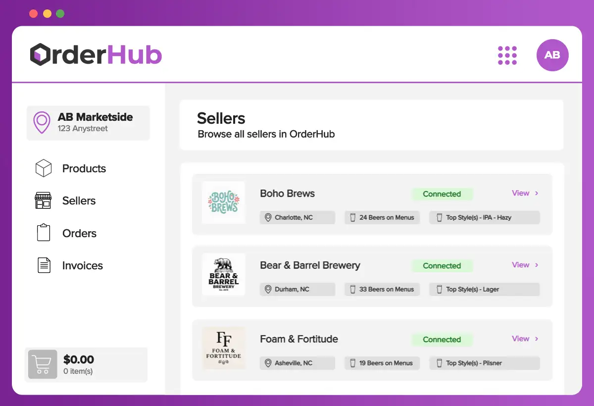 A screenshot of the OrderHub user experience showing a director of local craft producers